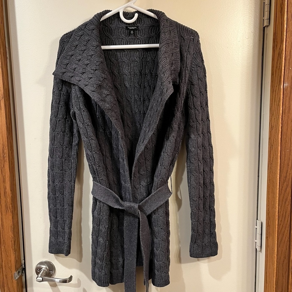 Talbots Long Line Gray Cable Knit Cotton Cardigan with Waist Tie - Size XS